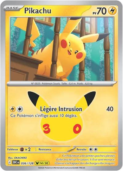 Carte Pikachu 036/128 du set 30th Celebration, l'un des 30 Pikachu des 30 ans