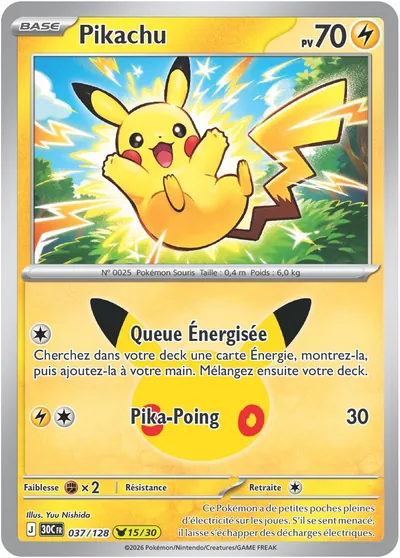 Carte Pikachu 037/128 du set 30th Celebration, l'un des 30 Pikachu des 30 ans