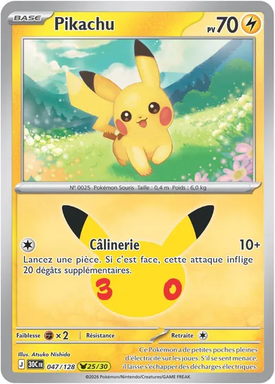 Carte Pikachu 047/128 du set 30th Celebration, l'un des 30 Pikachu des 30 ans