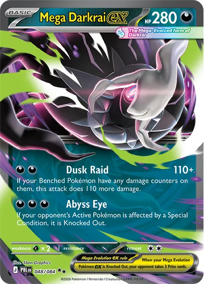 Carte Mega Darkrai ex, mascotte du set Abyss Eye, 280 PV, attaques Dusk Raid et Abyss Eye
