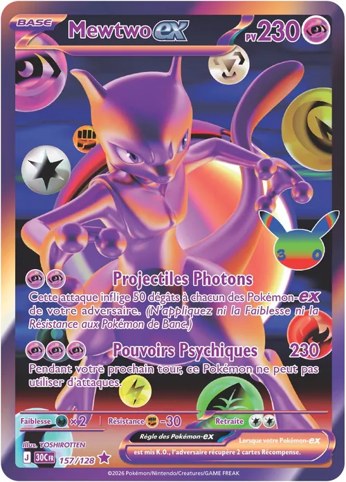 Carte Mewtwo ex Futuristic Rare numero 157/128 du set 30th Celebration, illustree par YOSHIROTTEN