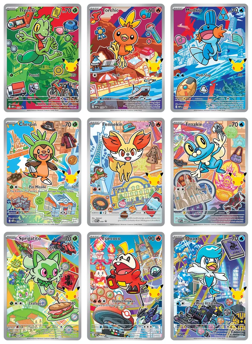Les 9 cartes promo Saboteri de la Collection Illustration Premiers Partenaires Serie 3 : starters de Hoenn, Kalos et Paldea